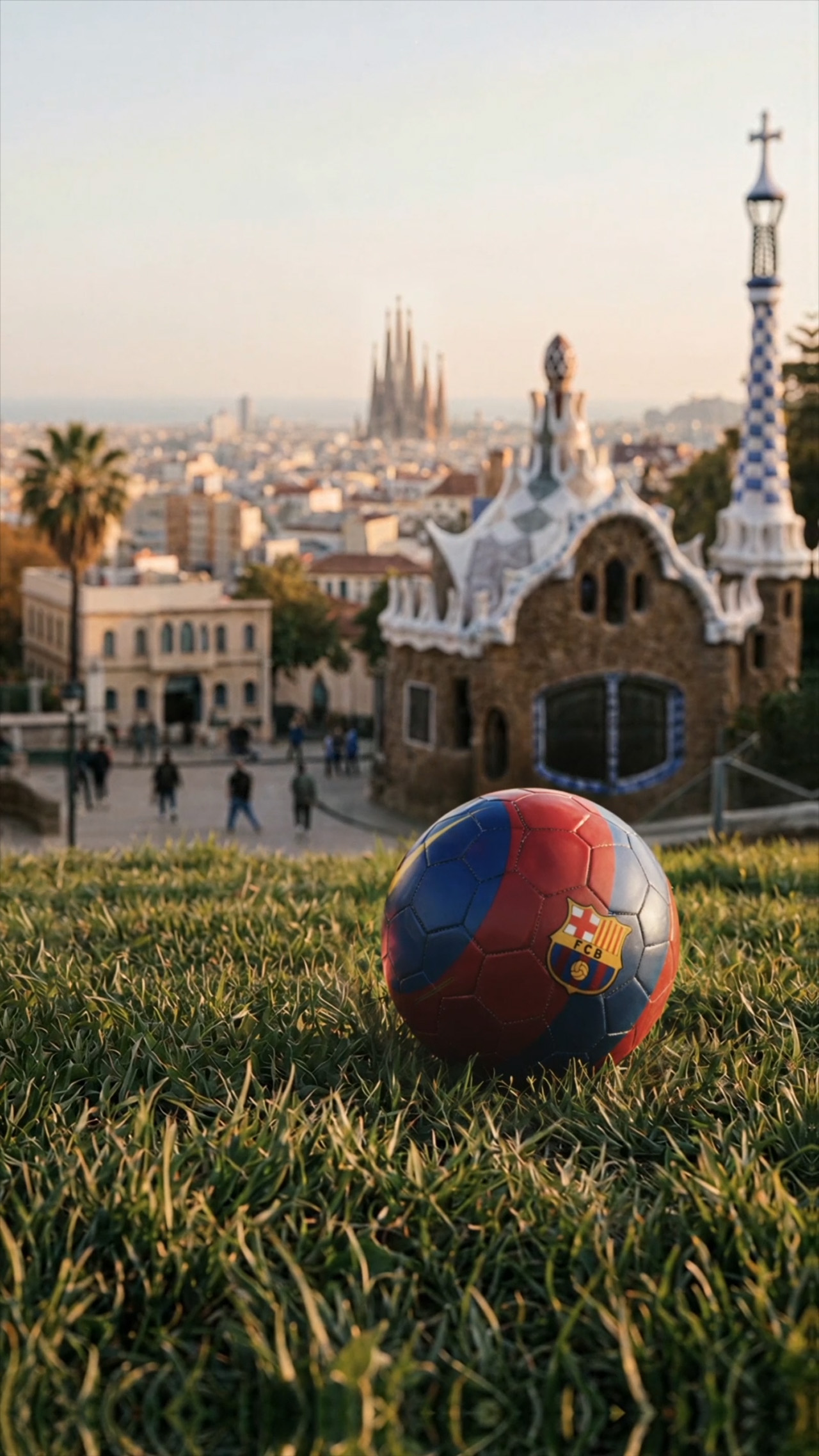 Park Güell com uma bola do FC Barcelona em primeiro plano