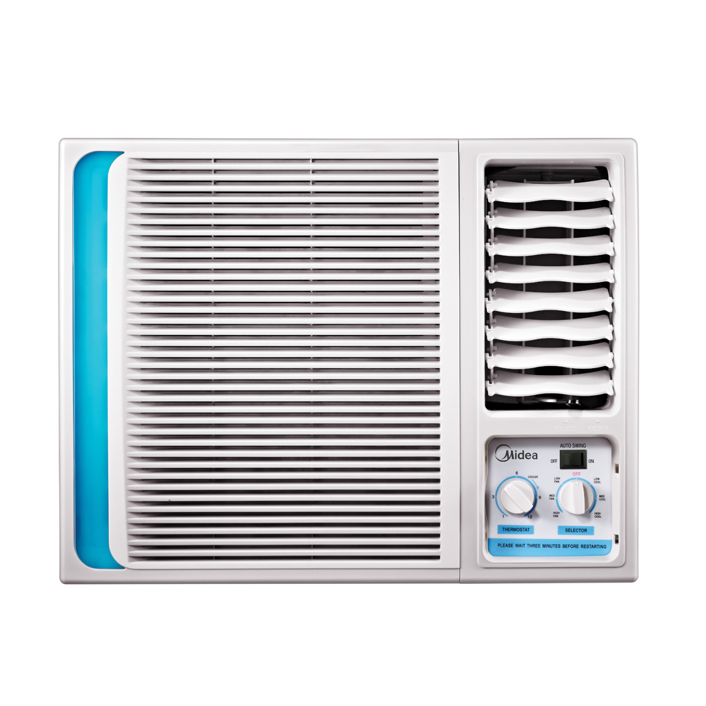 Self evaporating store window air conditioner